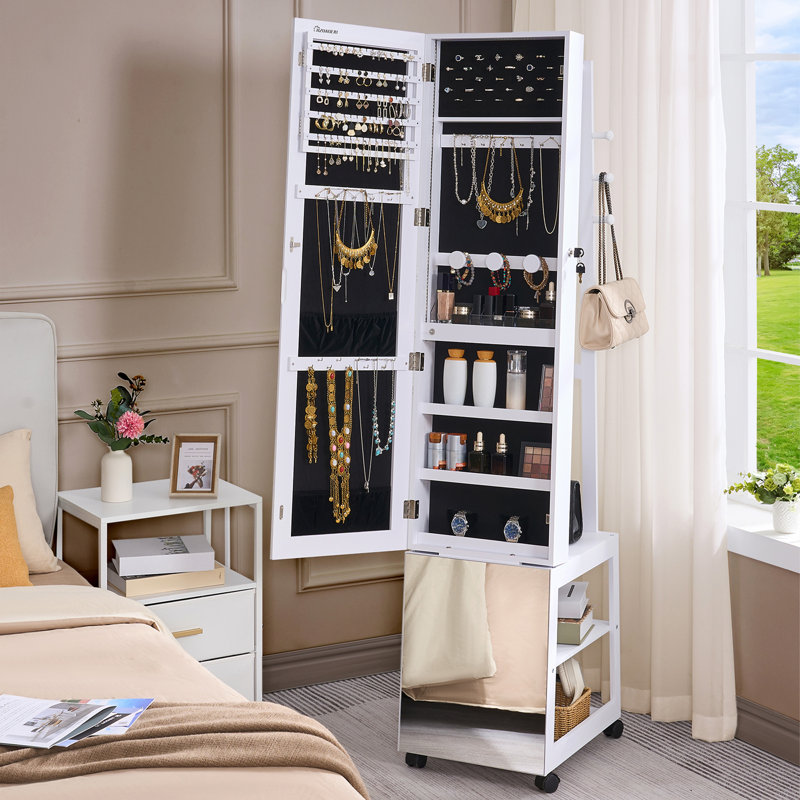 8 LEDs Mirror Jewelry Armoire, Jewelry Organizer with Garment Rack, Lockable Full-length Mirror with 4 Wheels, Storage Shelves with Hooks, 5-in-1, White and Black