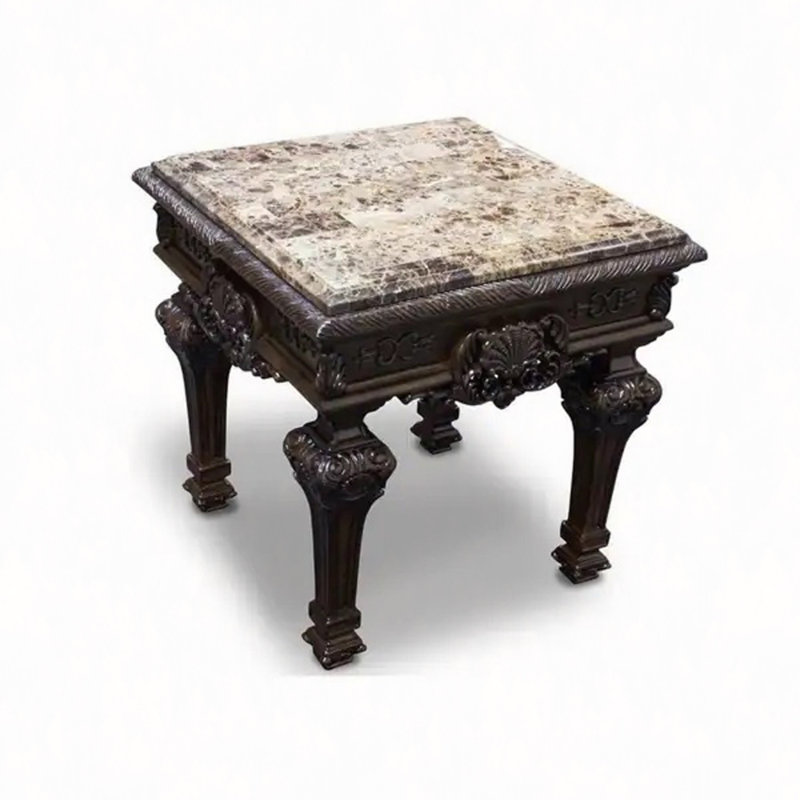 Table de bout traditionnelle en bois massif avec plateau en marbre, table d'appoint sculptée à la main