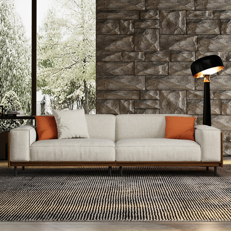 Canapé en tissu avec revêtement en coton et lin, structure en bois massif et pieds en métal