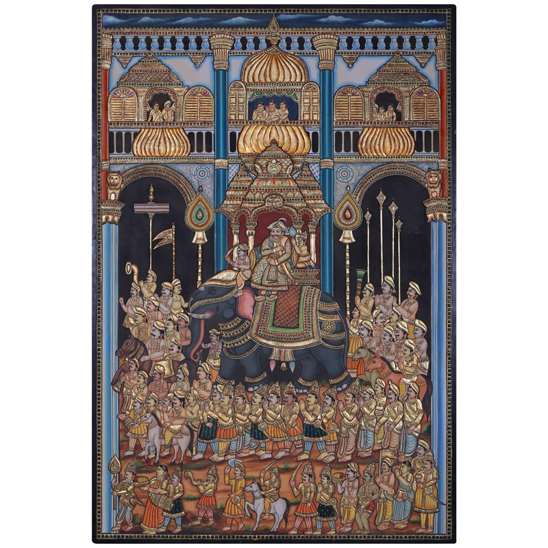 Grande peinture encadrée de 60 po Tanjore 60 po - Procession du Raja avec feuille d'or 24 carats - Art mural indien traditionnel pour le salon et l'entrée