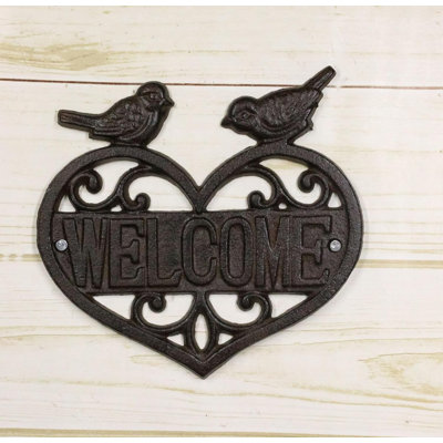 Cast Iron 2 Lovebirds Perching On Scrollwork Heart Welcome Sign Wall Plaque