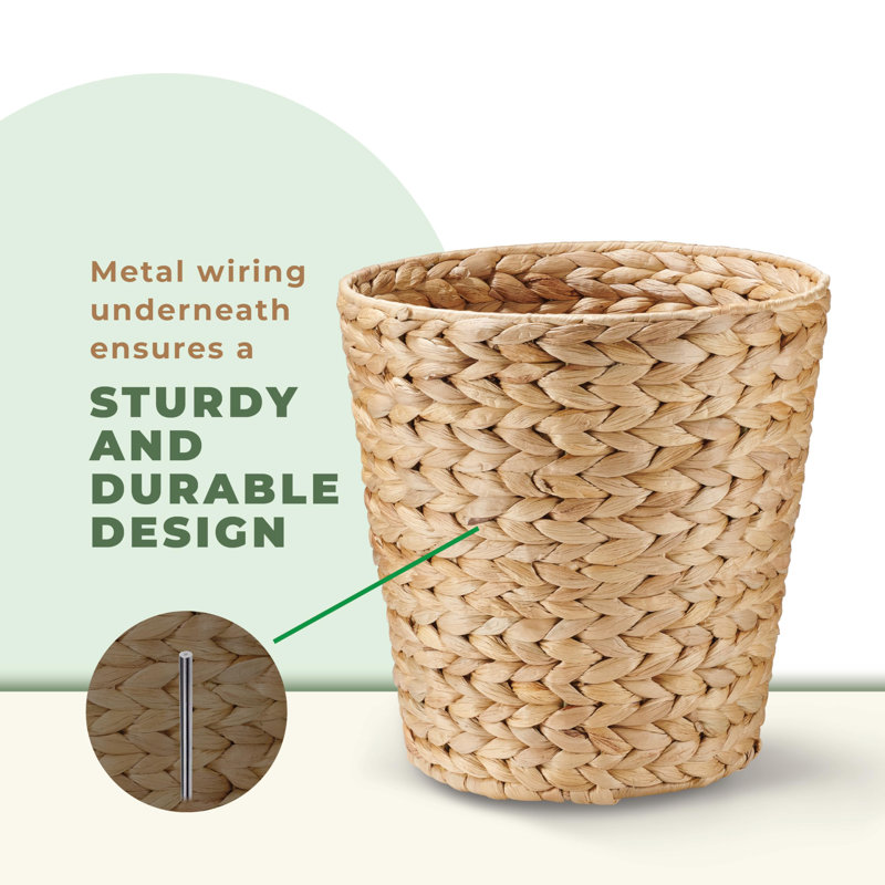 2-Pack Natural Wicker Trash Cans - Rattan Waste Baskets With Metal Frame