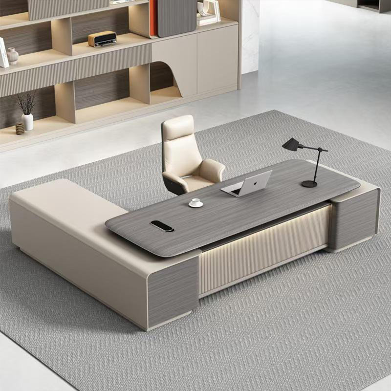 94.49"Modern administrative L-shaped Grey particle board office desk, 29.53" H x 94.49" W x 78.74" D