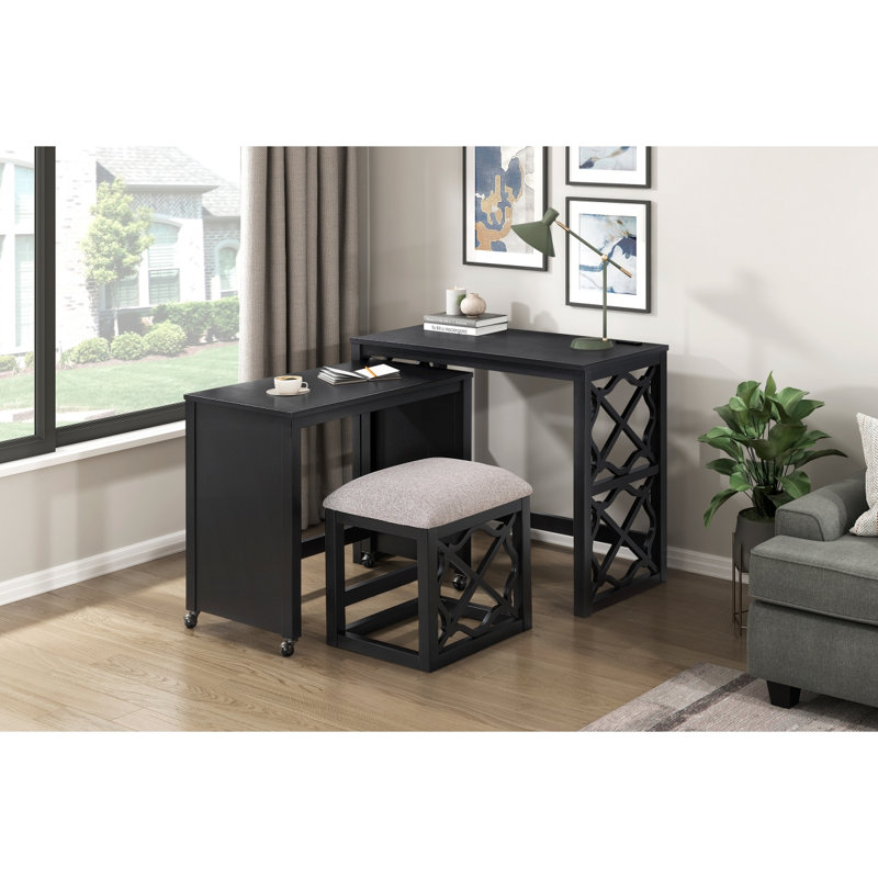 Ensemble de bureau et tabouret 3 pièces Bureau à roulettes avec roulettes, 2 ports de chargement