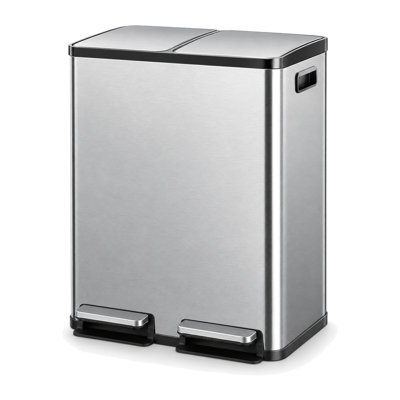 16 Gallon Silver Dual Compartment Stainless Steel Kitchen Trash Can with Soft-Close Lids