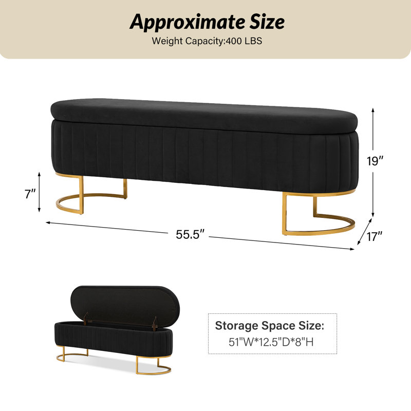 Banc de rangement Mandolyn, Noir, 19" H x 55.5" W x 17" D
