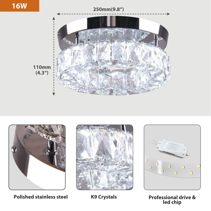 9.8" Crystal Flush Mount Ceiling Light Fixtures LED Ceiling Lamp For Kitchen