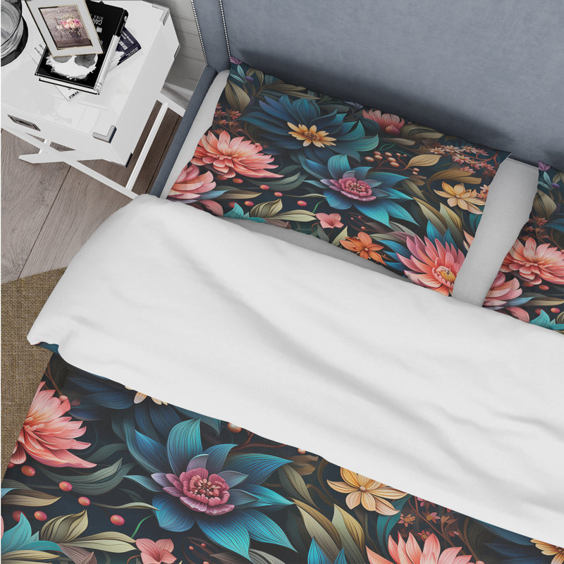 Literie Enchanted Blue & Pink Bohemian Peonies Pattern, Housse de couette pour grand lit et 2 taies décor