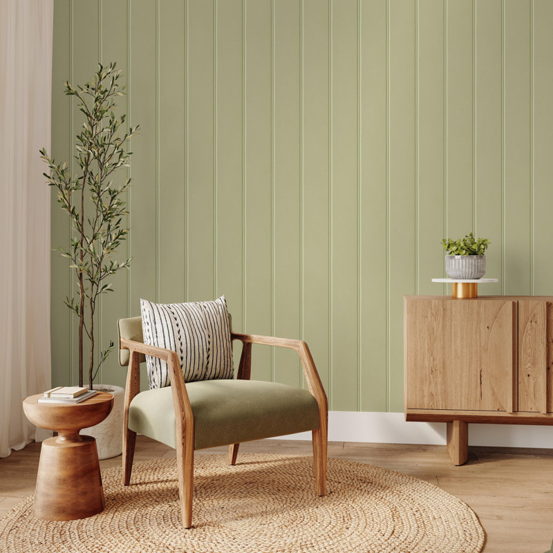 Imitation Group Painted Wood Panel Wallpaper, Light Moss Green