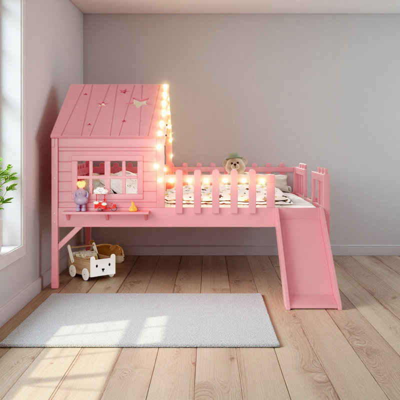 House Loft Bed With Slide,Playhouse Bed With Star Moon-Shaped Designs And Window, Chic Design With LED Lights,No Box Spring Needed