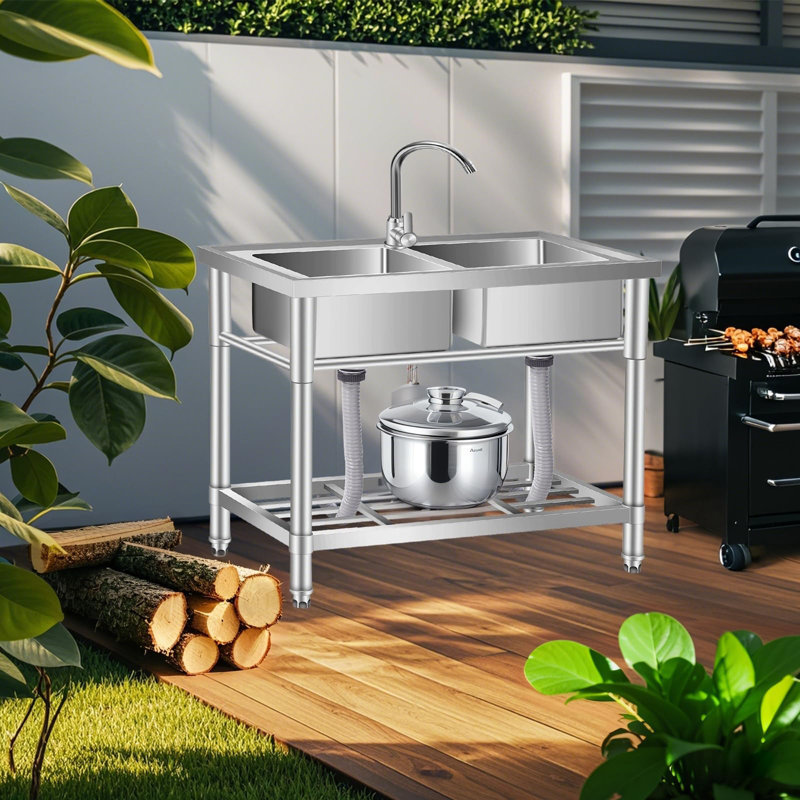 Stainless Steel Utility Sink with Tap & Workbench – Freestanding Single Bowl Catering Sink – 84 x 46 x 76 cm, Heavy Duty for Outdoor, Garage, Garden, Laundry Room