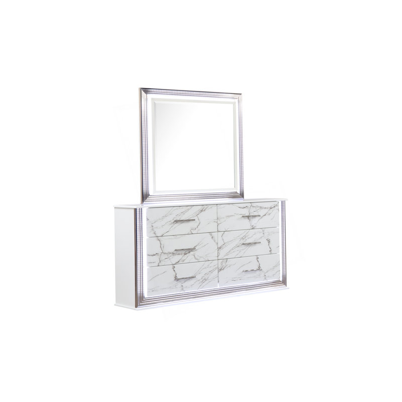 Desire Dresser – Marble-Patterned Drawer Fronts With Sleek White Finish, Metallic Handles, And Six Spacious Drawers For Elegant Bedroom Storage (INCLUDES ONLY DRESSER)