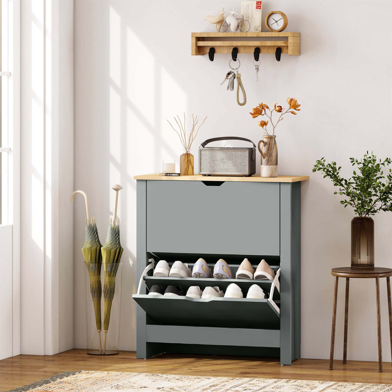 12 Pair Flip Down Shoe Storage, Light Grey/Wood