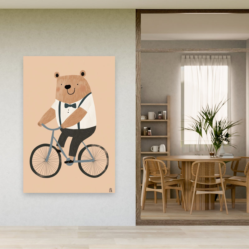 «Dapper Bear Cycling Playful Whimsical Contemporary», reproduction d'art murale, H 60 po x l 40 po