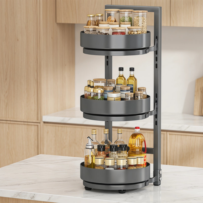 Étagère à épices rotative à trois niveaux, organisateur d'assaisonnement, étagère de rangement, Gray