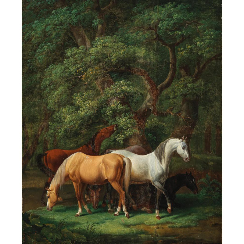«Chevaux broutant sous des chênes» par Johann Baptist Dallinger Von Dalling - Art mural sur toile tendue avec châssis