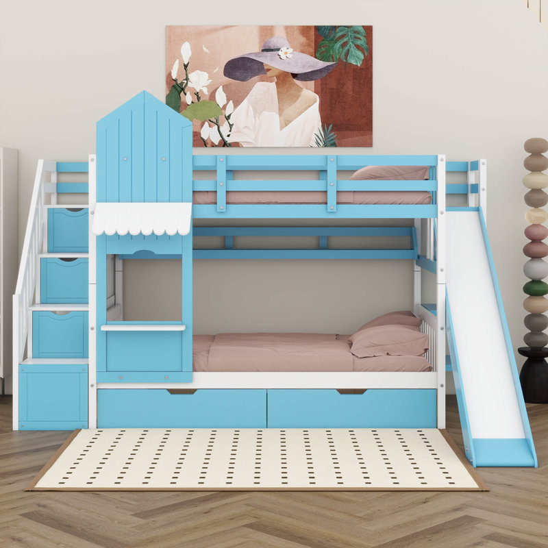 Lit superposé simple au-dessus de simple, lit superposé château avec 2 tiroirs, 3 tablettes et glissade, lit superposé en bois massif