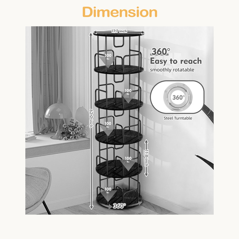 Rotating Bookshelf Tower 5 Tier, Spinning Bookcase, Revolving 360 Book Shelf Narrow Tall Bookcase, Vertical Turning Round Storage Bookshelf