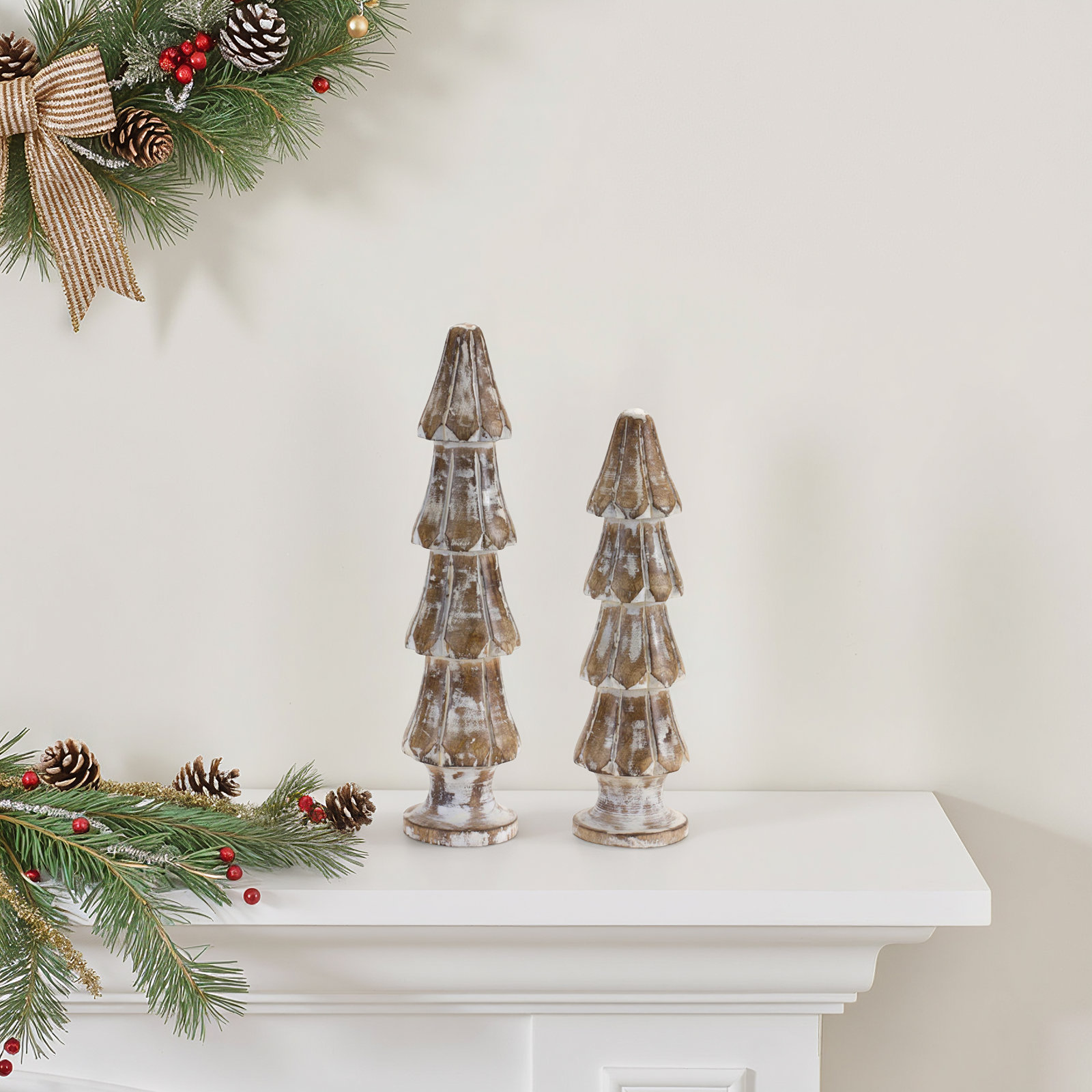 White Washed Wooden Pine Tree (Set of 2)