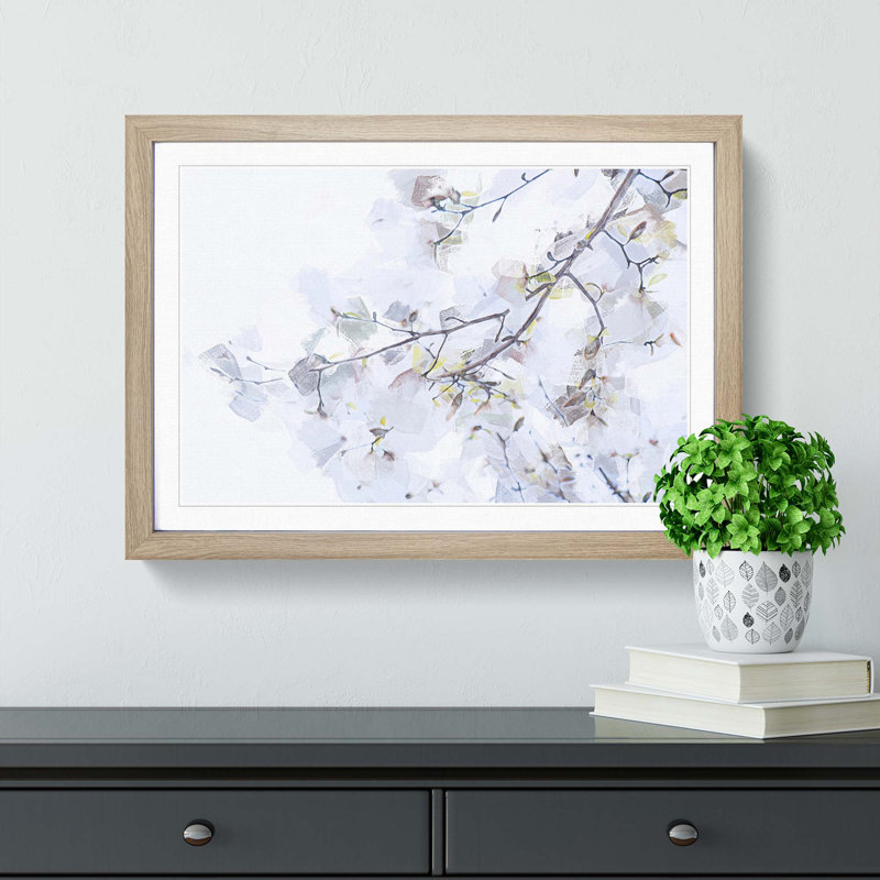 Branch of a White Magnolia Tree in Abstract - Picture Frame Painting Print, 27cm H x 36cm W x 2cm D, Oak Framed