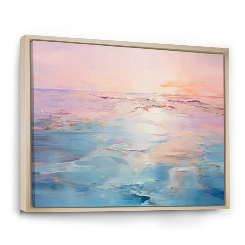 Rose et bleu pastel coucher de soleil - vagues côtières, art mural, H 24 po x l 32 po x P 1 po, Cadre naturel flottant