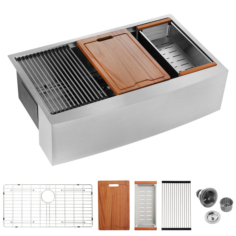 Apron Stainless Steel Sink With Workstation 33X22x10" - T304 Durability 3Mm Sound Absorbing Pad X Groove Drainage Facility Quality Draining Utility
