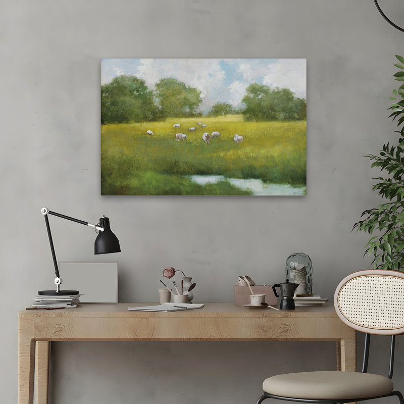 Ferme moderne au soleil broutant, H 24 po x l 16 po