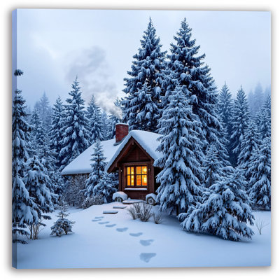 Impression sur toile «Enchanted Winter Cabin: Serene Snowscape»