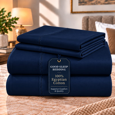 100% Egyptian Cotton 1000 Thread Count  Split King 5-Piece Sheet Set, Navy Blue