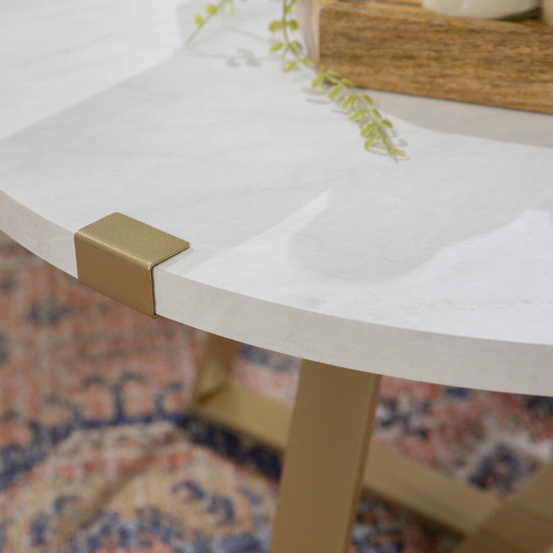 Paramus Cross Legs Round Coffee Table, White Marble, Gold