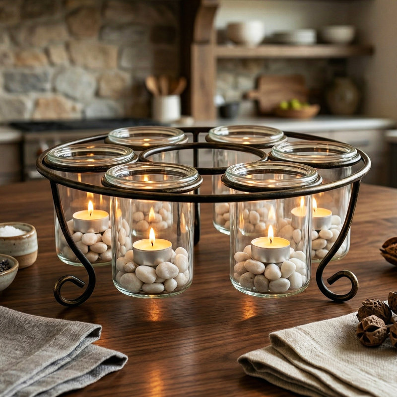 Rustic Modern Floating Candle Holder Table Centerpiece for Dining Room, Kitchen, Coffee Tables, 6-Cup, Round