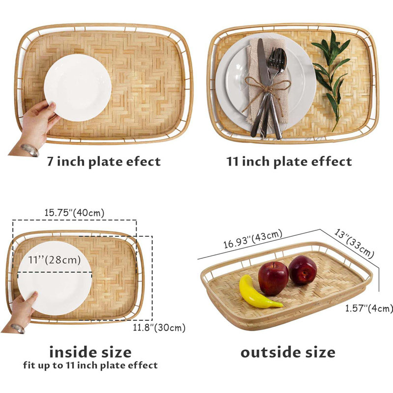 Set Of 4 Bamboo Wicker Serving Trays For Foods & Drinks, Rectangular Breakfast Lap Trays With Handles Wooden Decorative Platters For Coffee Table, Bed Eating