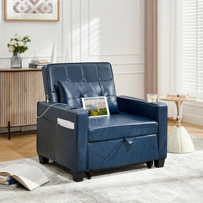 Faux Leather Convertible Chair 3-In-1 Pull Out Sleeper Futon Chair Beds With Usb