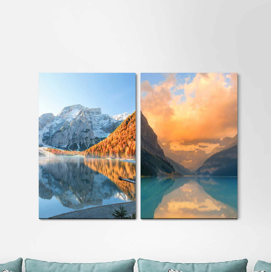 2-tlg. Leinwandbilder-Set - Fotografie „Mountains Nature Clarity Reflection Lake Cool Silence”