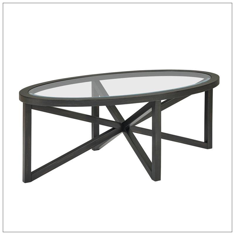 Glass Coffee Table with Solid Wood Base, Black, 18.1" H x 46" L x 28.34" W