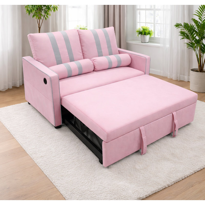 Canapé-lit coulissant 2 places, canapé-lit convertible avec port de charge USB sur l'accoudoir, poche de rangement latérale élastique, dossier réglable à 3 niveaux, rembourrage en mousse haute densité, assemblage facile