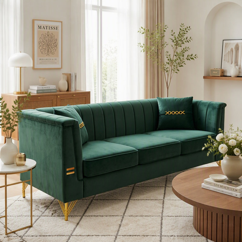Canapé de style Chesterfield moderne en velours 3 places avec capitonnage vertical et mousse haute densité, idéal pour le confort et l'élégance des salons