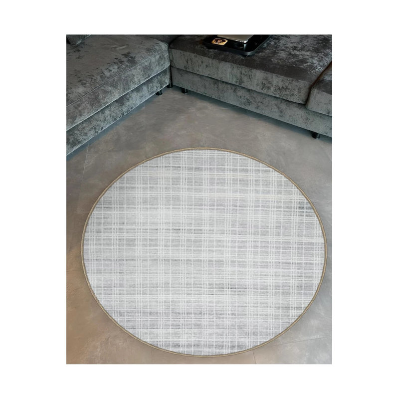 Light Gray White Plaid Detailed Woven Base Modern Decorative Carpet, Round 4'