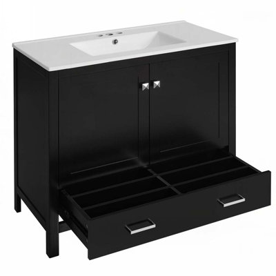 Meuble-lavabo de salle de bain avec lavabo en céramique, tablettes de rangement doubles et tiroir divisé