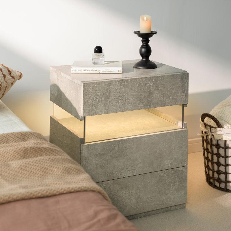 Table de chevet moderne à 3 tiroirs à DEL moderne avec éclairage doux, Gris