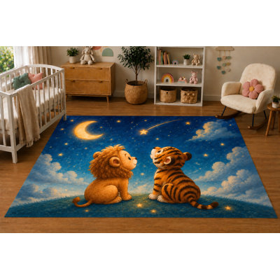 "Ultra Thin" 5' x 7'Lion and Tiger Moonlit Sky Area Rug, Soft Low Pile Indoor Rug with Non-Slip Silicone Backing, Nursery, Kids Room, Playroom, Kids & Pets, Blue