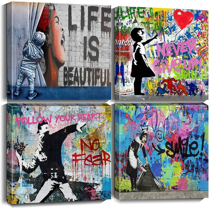 Impression sur toile Banksy Graffiti Street, impression murale pour chambre à coucher, décoration murale (12 po x 12 po x 4 pièces)