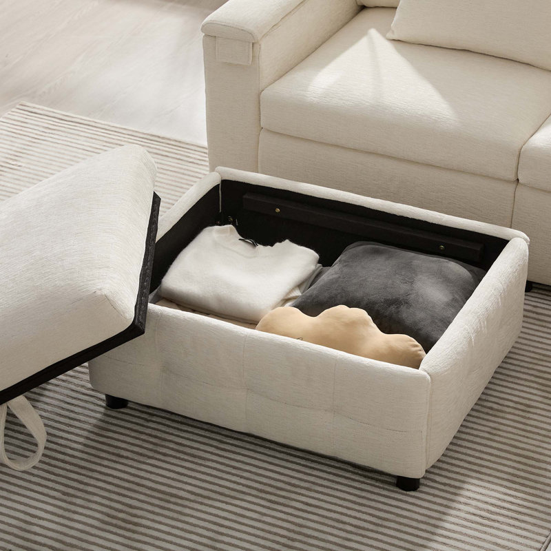 Canapé-lit modulaire coulissant 117 * 90 po avec panneau de table rabattable, lampe de lecture, ports de charge, repose-pieds de rangement, conception capitonnée, 6 coussins, combinaison surdimensionnée et libre, chenille