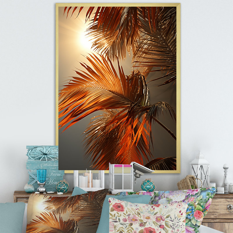 Coucher de soleil tropical sur fond de palmier, H 20 po x l 12 po x P 1 po, Encadrement doré