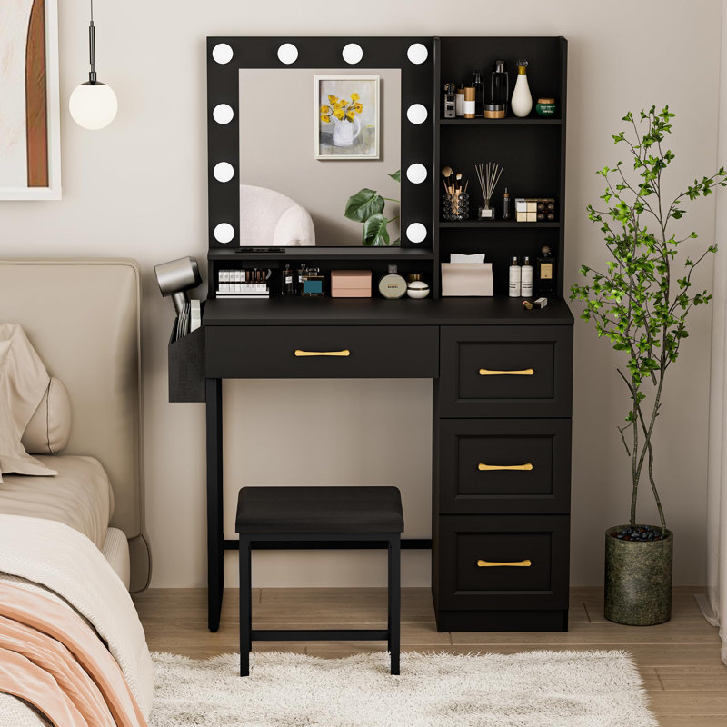 Makeup Vanity Table With Stool 2 Drawers, 3 Color Modes Available For Bedroom, Black