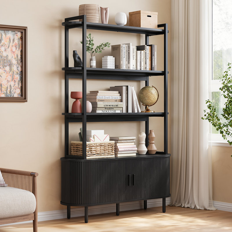 71''H Bookcase With Curved Storage Cabinet, 4-Tier Bookshelf With Tambour Sliding Door & Adjustable Leg, Black
