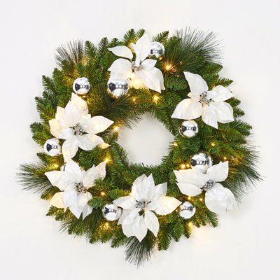 Pre-Lit Artificial Christmas Wreath - 24 Inch Front Door Holiday Greenery - Battery Operated, Timer, Warm White LEDs - 24in Pine Needle PVC Mixed (Silver Wreath)