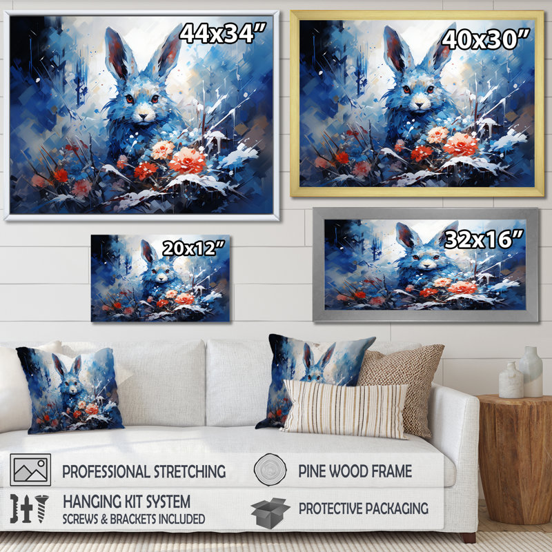 «Blue Rabbit Winter Solitude - Lapin», art mural, Cadre doré à coins fermés, H 16 po x l 32 po x P 1 po
