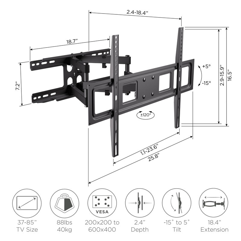 ProMounts Premium Articulating/Full Motion TV Wall Mount for 37”-85” TVs Holds up to 88lbs