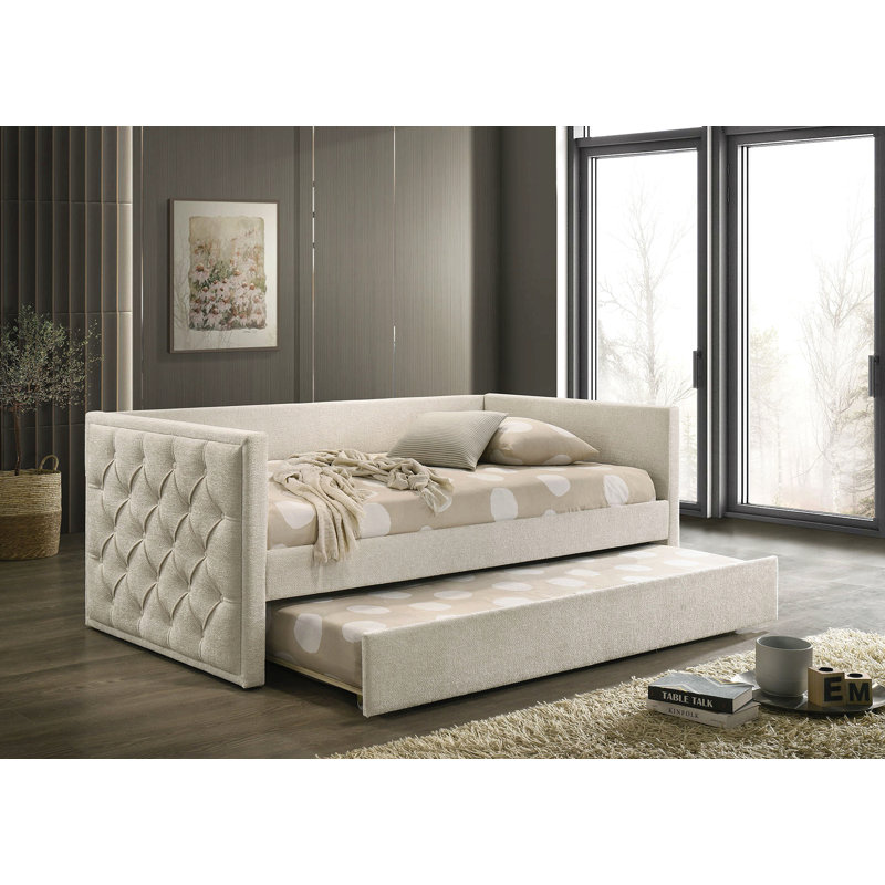 Transitional Style 1Pc Twin Size Daybed W/ Trundle Diamond Button Tufting Slim Track Arms Mattress Ready Primary Living Room